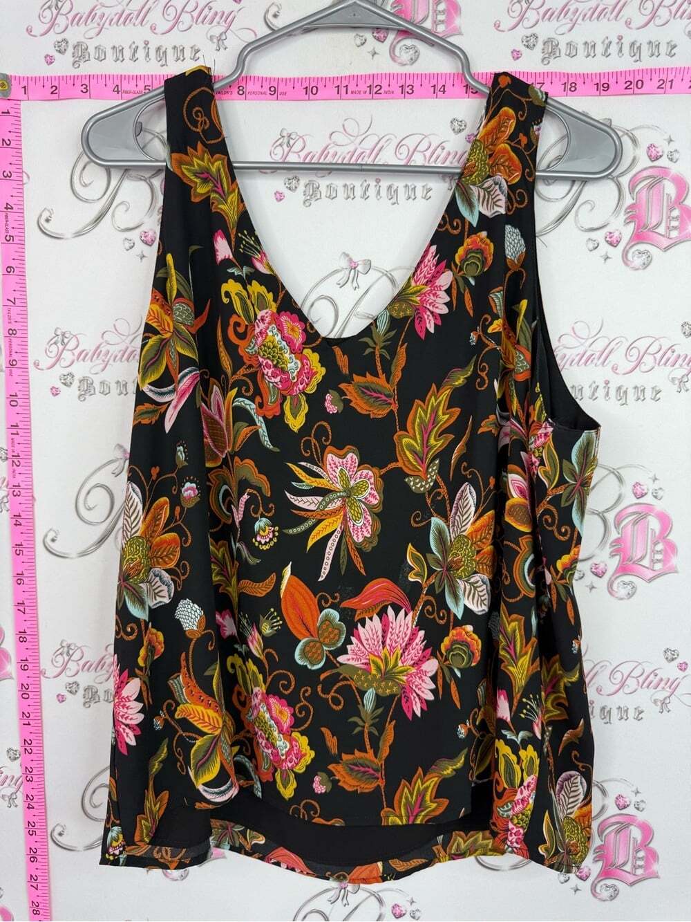 Ricki's Black Floral V-Neck Tank Top with Pink, Orange & Green Accents